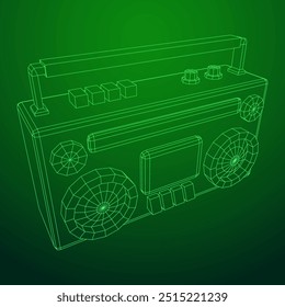 Retro Boombox anticuado grabadora de cinta de casete portátil. Ilustración vectorial de malla de polietileno baja.