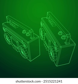 Retro Boombox anticuado grabadora de cinta de casete portátil. Ilustración vectorial de malla de polietileno baja.