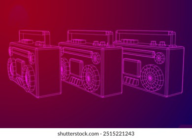 Retro Boombox anticuado grabadora de cinta de casete portátil. Ilustración vectorial de malla de polietileno baja.