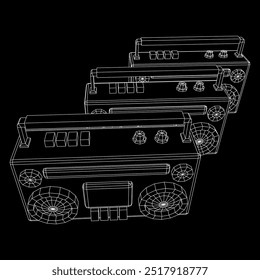 Retro Boombox anticuado grabadora de cinta de casete portátil. Ilustración vectorial de malla de polietileno baja.