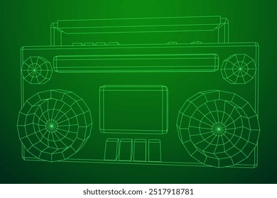 Retro Boombox anticuado grabadora de cinta de casete portátil. Ilustración vectorial de malla de polietileno baja.