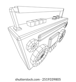 Retro Boombox anticuado grabadora de cinta de casete portátil. Ilustración vectorial de malla de polietileno baja.