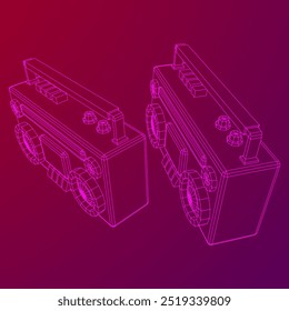 Retro Boombox anticuado grabadora de cinta de casete portátil. Ilustración vectorial de malla de polietileno baja.