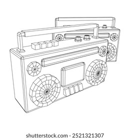 Retro Boombox anticuado grabadora de cinta de casete portátil. Ilustración vectorial de malla de polietileno baja.