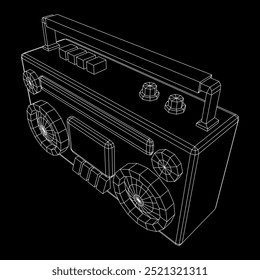 Retro Boombox anticuado grabadora de cinta de casete portátil. Ilustración vectorial de malla de polietileno baja.