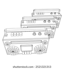 Retro Boombox anticuado grabadora de cinta de casete portátil. Ilustración vectorial de malla de polietileno baja.