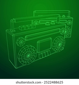 Retro Boombox anticuado grabadora de cinta de casete portátil. Ilustración vectorial de malla de polietileno baja.