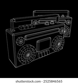 Retro Boombox anticuado grabadora de cinta de casete portátil. Ilustración vectorial de malla de polietileno baja.