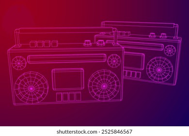 Retro Boombox anticuado grabadora de cinta de casete portátil. Ilustración vectorial de malla de polietileno baja.