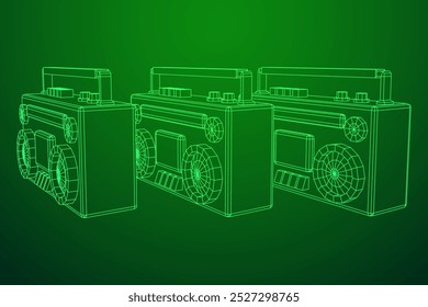 Retro Boombox anticuado grabadora de cinta de casete portátil. Ilustración vectorial de malla de polietileno baja.