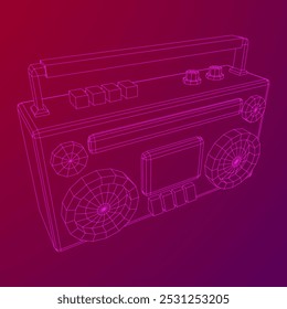 Retro Boombox anticuado grabadora de cinta de casete portátil. Ilustración vectorial de malla de polietileno baja.