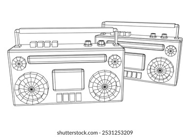 Retro Boombox anticuado grabadora de cinta de casete portátil. Ilustración vectorial de malla de polietileno baja.