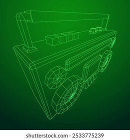 Retro Boombox anticuado grabadora de cinta de casete portátil. Ilustración vectorial de malla de polietileno baja.