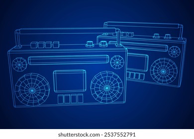 Retro Boombox anticuado grabadora de cinta de casete portátil. Ilustración vectorial de malla de polietileno baja.