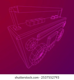 Retro Boombox anticuado grabadora de cinta de casete portátil. Ilustración vectorial de malla de polietileno baja.