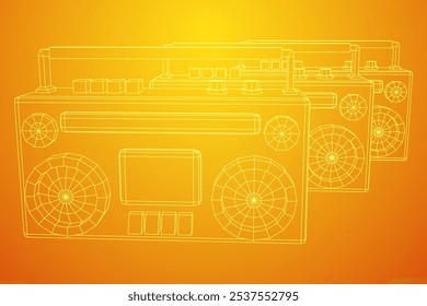 Retro Boombox anticuado grabadora de cinta de casete portátil. Ilustración vectorial de malla de polietileno baja.