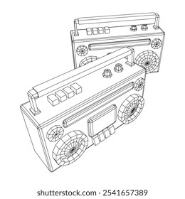 Retro Boombox gravador de fita cassete portátil desatualizado. Ilustração do vetor de malha de baixo poli do modelo de arames.