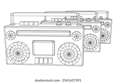 Retro Boombox anticuado grabadora de cinta de casete portátil. Ilustración vectorial de malla de polietileno baja.