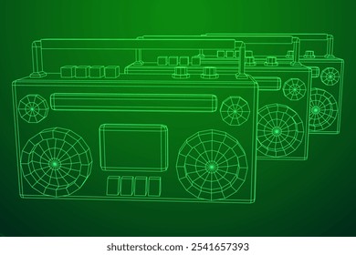 Retro Boombox anticuado grabadora de cinta de casete portátil. Ilustración vectorial de malla de polietileno baja.