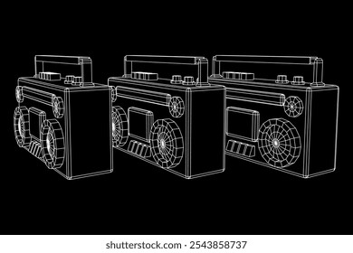 Retro Boombox gravador de fita cassete portátil desatualizado. Ilustração do vetor de malha de baixo poli do modelo de arames.