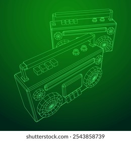 Retro Boombox gravador de fita cassete portátil desatualizado. Ilustração do vetor de malha de baixo poli do modelo de arames.