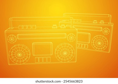 Retro Boombox gravador de fita cassete portátil desatualizado. Ilustração do vetor de malha de baixo poli do modelo de arames.