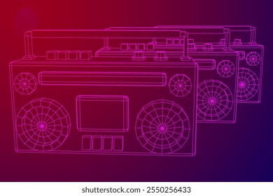 Retro Boombox gravador de fita cassete portátil desatualizado. Ilustração do vetor de malha de baixo poli do modelo de arames.