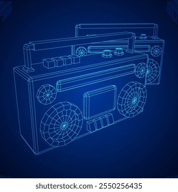 Retro Boombox anticuado grabadora de cinta de casete portátil. Ilustración vectorial de malla de polietileno baja.