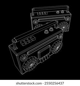 Retro Boombox anticuado grabadora de cinta de casete portátil. Ilustración vectorial de malla de polietileno baja.