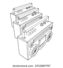 Retro Boombox gravador de fita cassete portátil desatualizado. Ilustração do vetor de malha de baixo poli do modelo de arames.