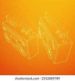 Retro Boombox anticuado grabadora de cinta de casete portátil. Ilustración vectorial de malla de polietileno baja.