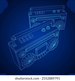 Retro Boombox anticuado grabadora de cinta de casete portátil. Ilustración vectorial de malla de polietileno baja.