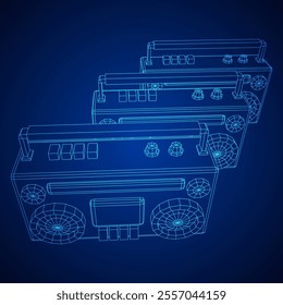 Retro Boombox outdated portable cassette tape recorder. Wireframe low poly mesh vector illustration.