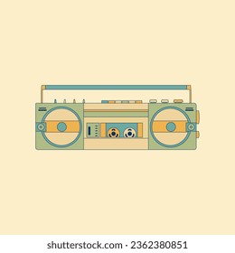 Retro boombox portable stereo mint green radio cassette recorder from 80s front yellow background. Vintage old style vector illustration