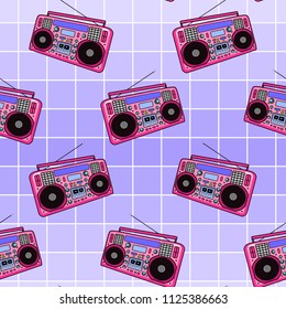 Retro boombox, tape or cassette recorder, radio seamless pattern. Vector illustration. Fun disco 80's style wallpaper design. Purple background.
