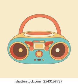 Retro boombox vector illustration with outline and vibrant colors, featuring a playful design with rounded speakers and buttons. Perfect for vintage, music, or retro-themed projects.