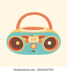 Retro boombox vector illustration in vibrant colors, featuring a playful design with rounded speakers and buttons. Perfect for vintage, music, or retro-themed projects.