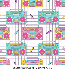 Retro boombox vintage seamless pattern 80s 90s geometric shapes in Memphis style on checkered background