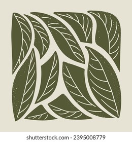 Retro botanical abstract square composition. Flat illustration with leaves and grunge texture and scratches. Suitable for decoration, posters, t shirt print, social media graphics, pattern
