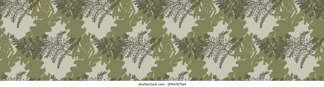Retro botanical fern frond vector border. Seamless vintage ecological foliage for all over print. Hand drawn ornate forest leaf backdrop.