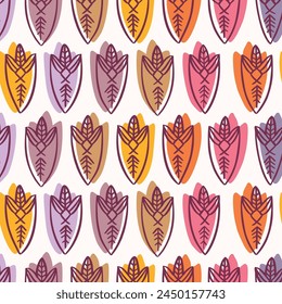 Retro botanical geo seamless vector pattern in elegant style. Luxury print textur for beautiful modern wallpaper decor. Multicolor 70s abstract leaf design. 