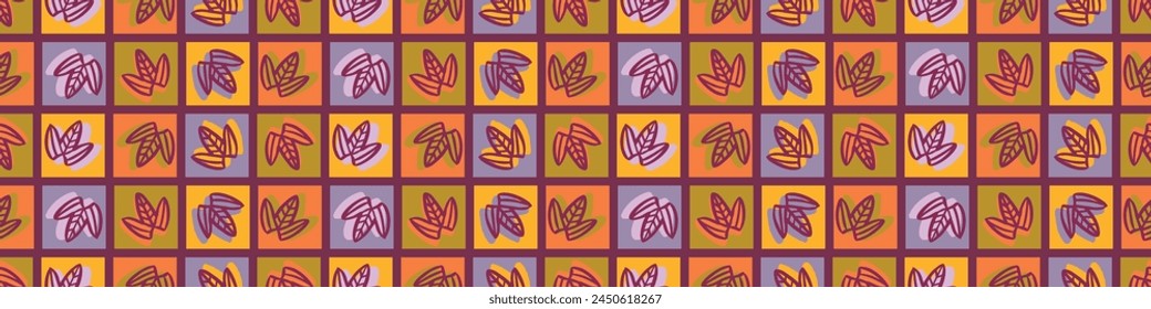 Retro botanical geo vector border in elegant style. Luxury print textur for beautiful modern banner decor. Multicolor 70s abstract leaf design. 