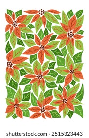 Retro botanische Mitte des Jahrhunderts Winter Poster oder Kunstdruck mit Poinsettia Pflanzen. Hippie 60er, 70er Jahre Stil. Vereinzelte Blätter mit Blumen im nostalgischen Stil. Winterurlaub und Weihnachtsstimmung