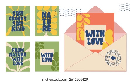Retro Botanical Postcards with Optimistic Quotes and Natural Groovy Shapes. Greeting Card Set in Vintage Colors