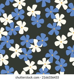 Patrón retro botánico sin costura. Impresión vectorial colorida para tela, papel, cualquier superficie con flores modernas y simples. Estilo de arte de mediados de siglo. Fondo floral vintage.