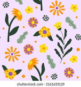 Patrón retro botánico sin costura con flores vintage en estilo 60, 70.  Impresión de arte ingenua. Ilustración vectorial de moda.