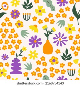 Retro botanical seamless pattern with vintage flowers in style 60s, 70s on light background. Naive art print. Trendy vector illustration.