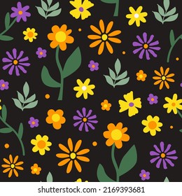 Retro botanical seamless pattern with vintage flowers in style 60s, 70s on black background. Naive art print. Trendy vector illustration.