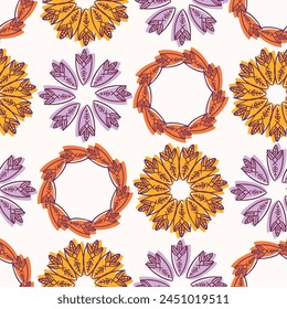 Retro botanical seamless vector pattern in elegant style. Luxury print textur for beautiful feminine wallpaper decor. Multicolor 70s leaf design. 