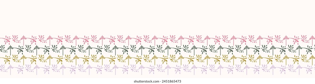 Retro botanical vector border in elegant style. Luxury print textur for beautiful feminine banner decor. Multicolor 70s leaf design